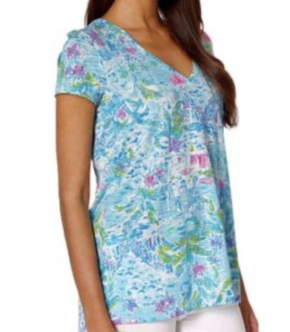 Lilly Pulitzer Womens Etta V-Neck Blue Tropical Print T-Shirt Size S